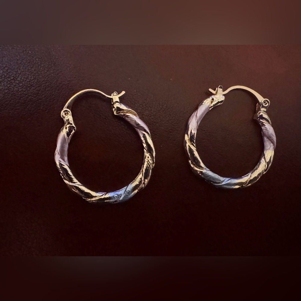 NWOT - Tri-Tone Twisted Hoop Earrings | Gold Silver Rose Gold Hoops - Picture 2 of 2